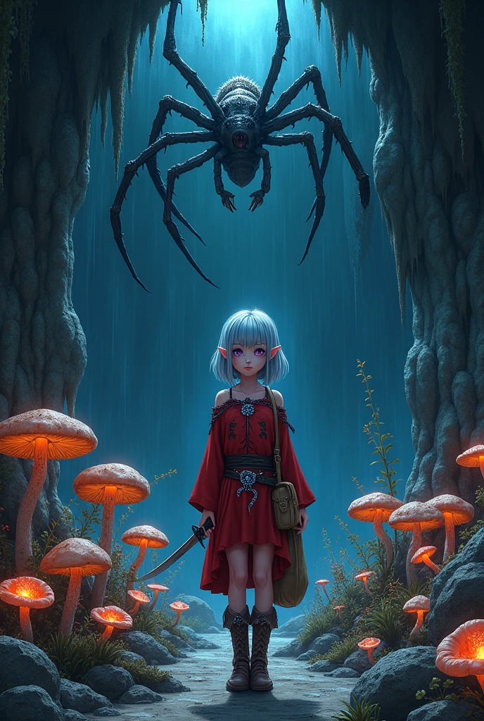 (Ultra-detailed face, looking away, Fantasy Illustration with Gothic, Ukiyo-e, Comic Art, Dark colors),
BREAK
(This is a dark underground world where no light from the ground reaches. The wide space inside the cave is filled with vaguely luminous sheep's teeth, large mushrooms, and poisonous colored flowers. Stalactites extend downward from the ceiling, dripping with water.),
BREAK
(A dark elf woman looks around warily, collecting mushrooms that emit a greenish light. She is being targeted by a large blood-sucking spider predator about the size of a man on a stalactite above her head. (parabolic effect)),
BREAK
(A young-aged dark elf woman with silver color hair, blunt bangs, bob cut and dark purple color skin, lavender color eyes.),
BREAK
(The dark elf woman wears a silver hairpiece, a red tunic dress with a scorpion pattern, and short brown soft leather boots. She also wears a small sack strapped to her waist belt and a knife decorated with sapphires.)