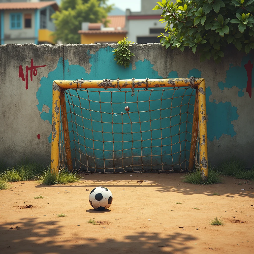 favela wall with goal post and a soccer ball