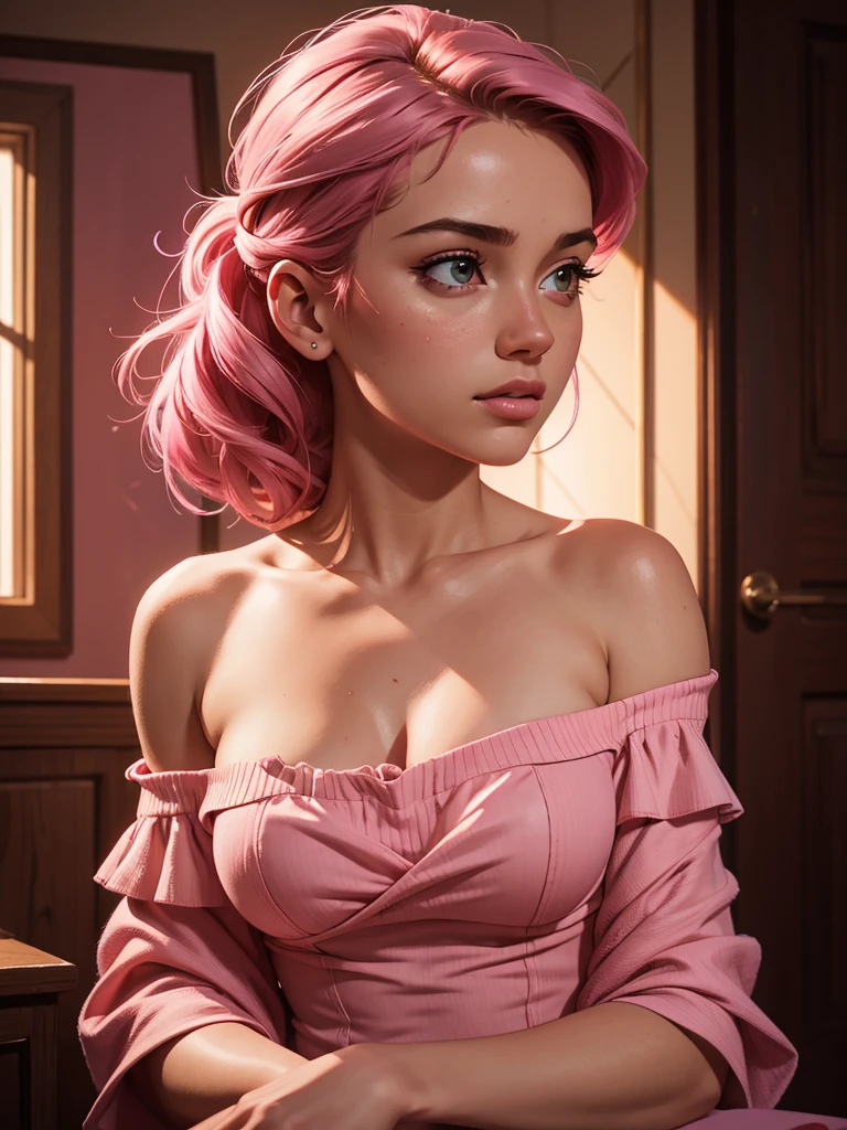 Best quality, masterpiece, ultra high resolution, (Realism: 1.4), Original photo, 1 girl, Pink off shoulder, cinematic lighting