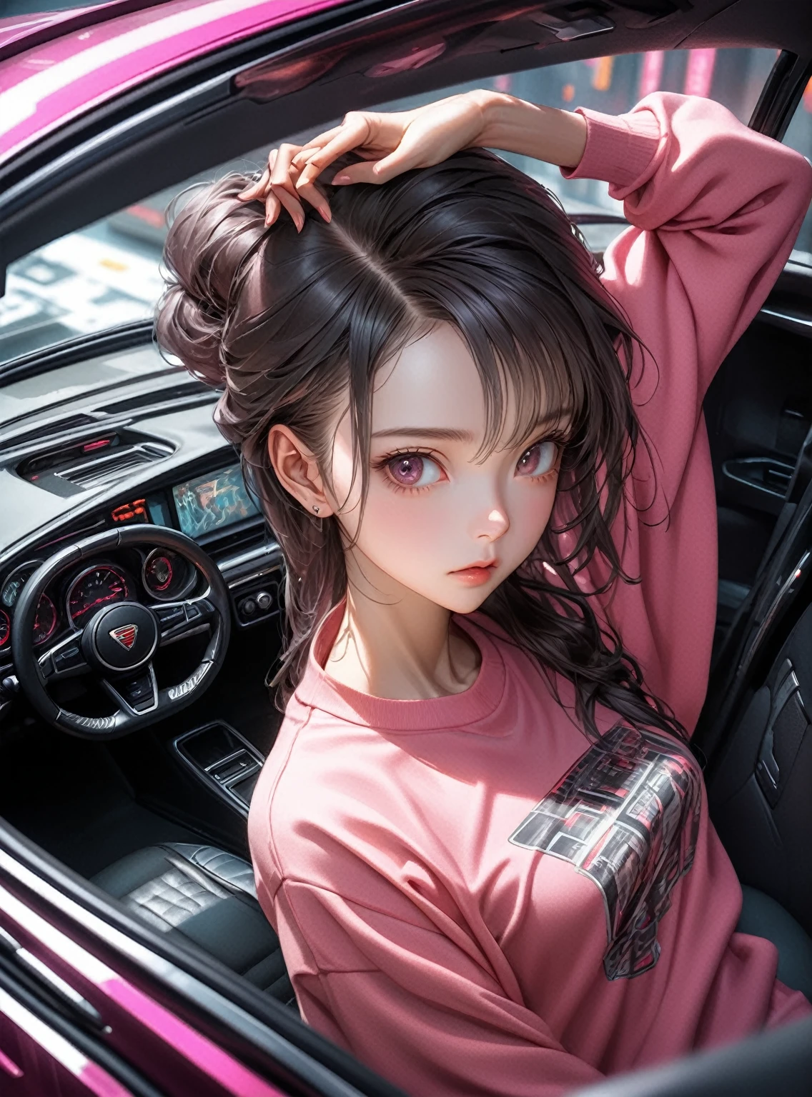 High angle photo of gorgeous young woman in cyberpunk style, Realistic skin texture, look up,Pink sweatshirt,Posing in a car, 1 / 2. Body Crop, 8 5mm Art Lens, 1 1. 2, Sharp focus, 8K high resolution, Very detailed, Complex, elegant, Art by Stanley Lau and Cyberpunk