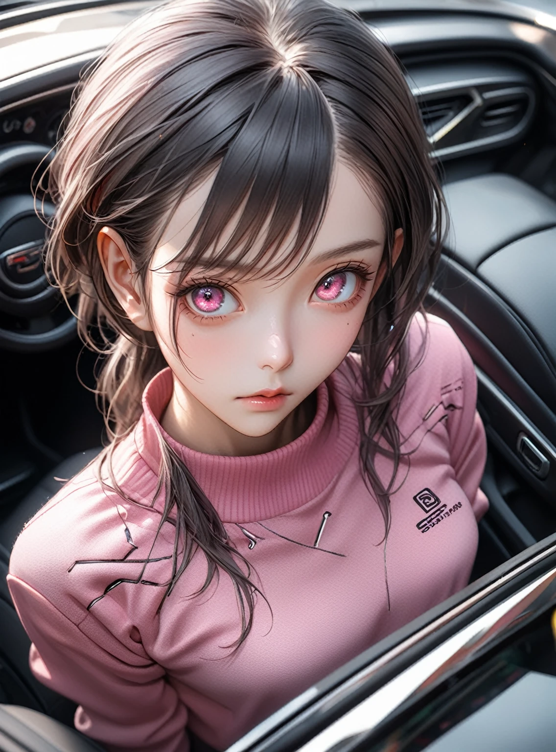 High angle photo of gorgeous young woman in cyberpunk style, Realistic skin texture, look up,Pink sweatshirt,Posing in a car, 1 / 2. Body Crop, 8 5mm Art Lens, 1 1. 2, Sharp focus, 8K high resolution, Very detailed, Complex, elegant, Art by Stanley Lau and Cyberpunk