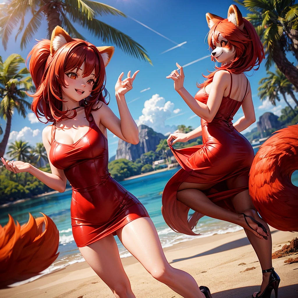 A red panda with sexy red dress realistic 3D style