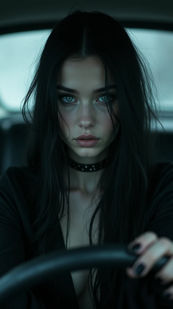 Gorgeous young adult russian woman. Her skin is white as snow, she has long black hair. Her face does not reflect any expression, but she does through her beautiful and mysterious big grey eyes. She is the queen of witches. She is very evil. She is driving a car, and turned around to see the camera on the back seat. She is in an enigmatic and very dark atmosphere.