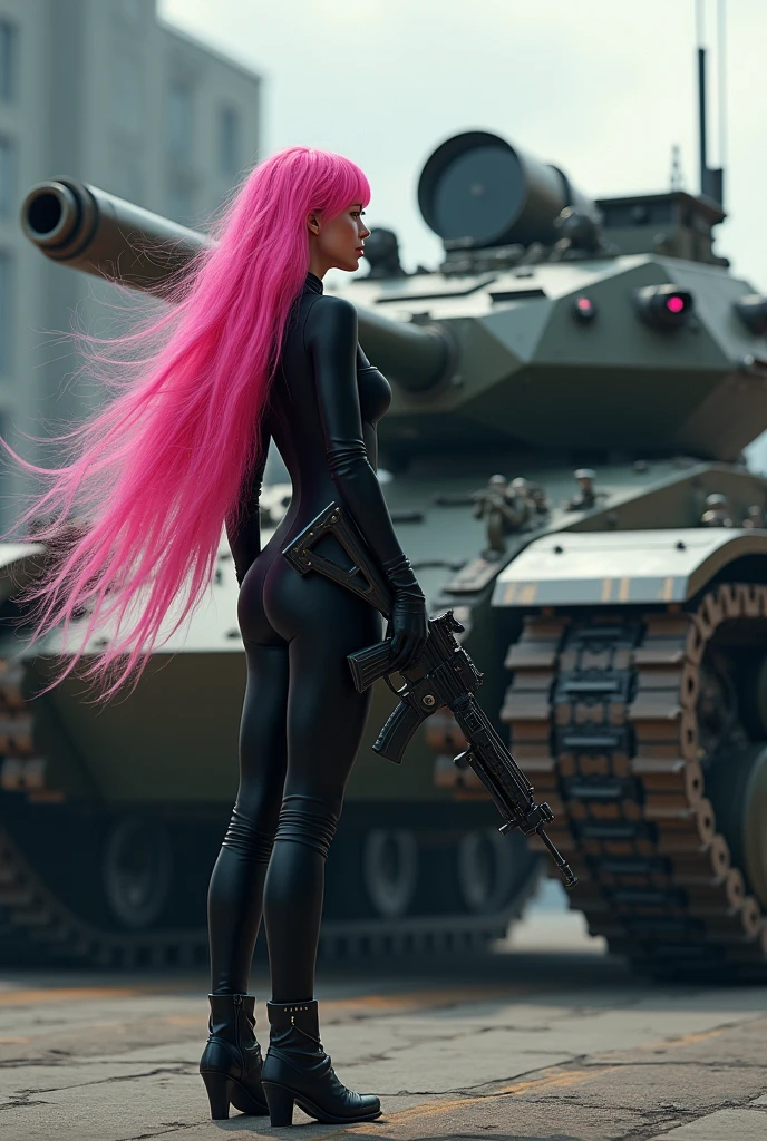 A woman with exuberant beauty, with long, flowing pink hair, she's standing, holding a rifle and looking and admiring a war tank with tracked wheels and some pink details. The woman is wearing a long, tight-fitting black jumpsuit