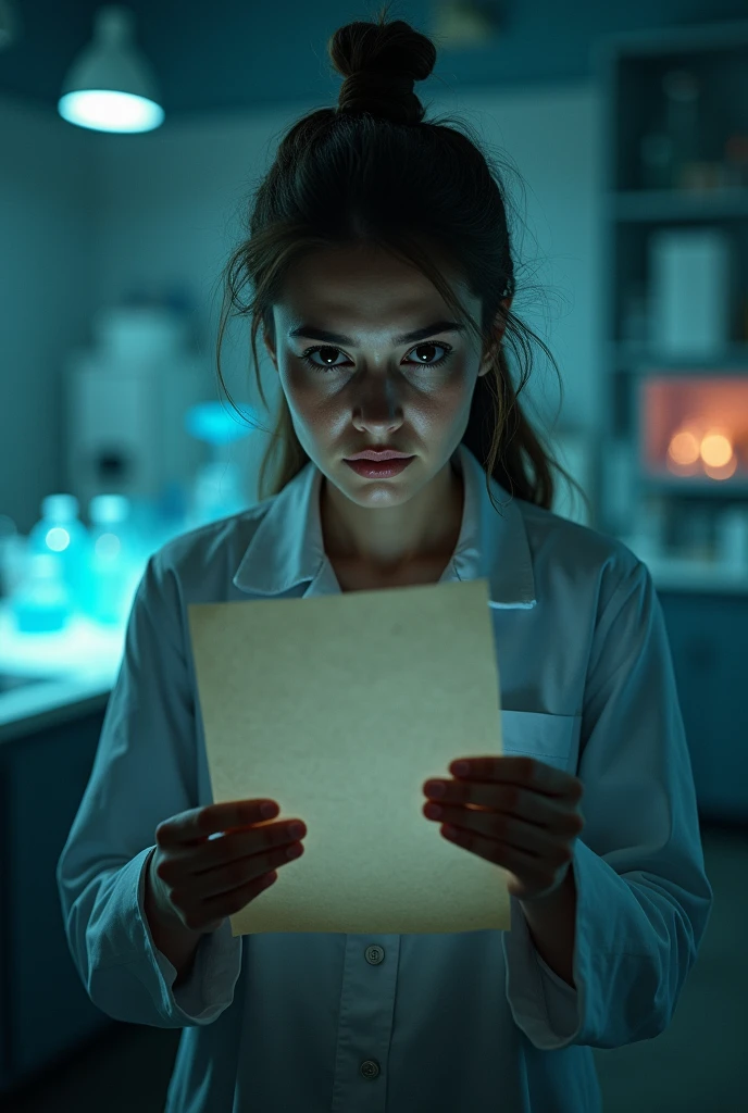 Generates a scientific, that is A little realistic, In a clue type letter, Let the background be Mysterious in a laboratory,That the scientist is as worried, that focuses on just her, Let it be pretty and let the face be seen and be straight, more mysterious and dark