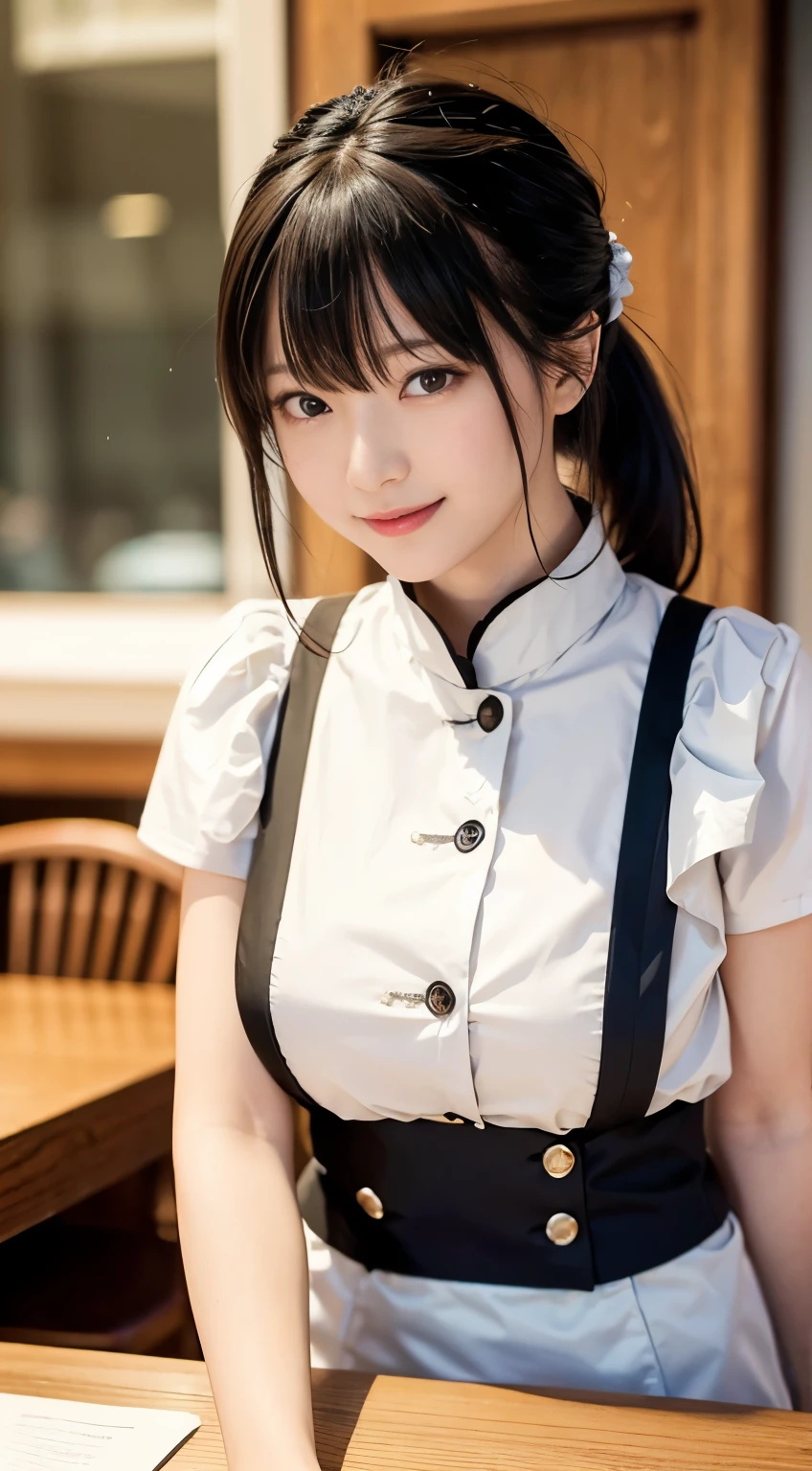 (Highest quality,masterpiece:1.3,Ultra-high resolution,),(Very detailedな,Caustics),(Photorealistic:1.4,RAW shooting,)Ultra-Realistic Capture,Very detailed,High resolution 16K human skin closeup。 Natural skin texture、,Pores、、、、It must be detailed enough to be easily identifiable。 Skin tone is even and healthy looking。 Use natural light and colour,restaurant,Waitress Uniform,1 girl,Japanese,1,cute,Black-haired,ponytail,Big Breasts,smile,Turn your body forward,(Front view:1.1),Looking at the camera,Cowboy Shot,