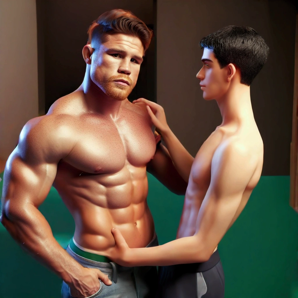 Add a very skinny gay man, groping and touching the other man's body. Hyperrealism
