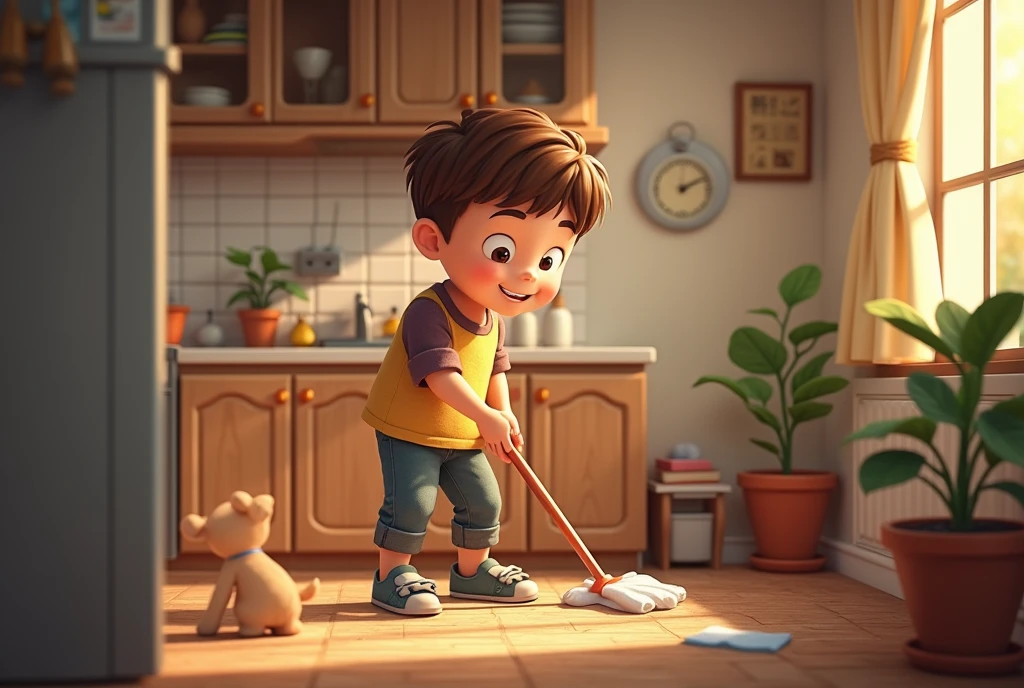 make a picture horizontally, where a  boy is seen, with brown hair, cleaning the house in the company of his family
