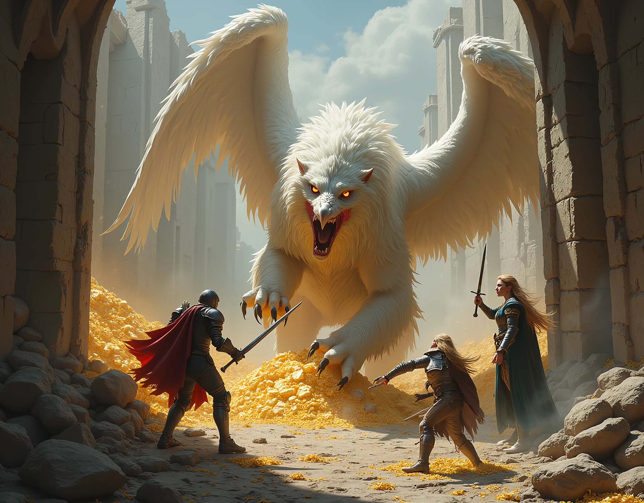 1gryphon\(white, eagle wings and head ,lion body, very bloody, scars , angry, attacking the team in very dynamic pose,very violent\) is guarding his beautiful golden treasures behind him in a beautiful chalk ruin, 1team\(a strong knight in full plate armor holding a sword, a beautiful elf archer , a beautiful wizard lady holding magic wand\) are against the gryphon in fighting stance, the gryphon is attacking the team with thunderstorm, old corpses slaughtered by the gryphon is in front Three-dimensionally, very powerful and realistic game screen shots, massive illustration, wonderful artwork of famous wonderful painter, baroque paintings,dynamic camera angle, concentration line,A very massive painting, camera from above