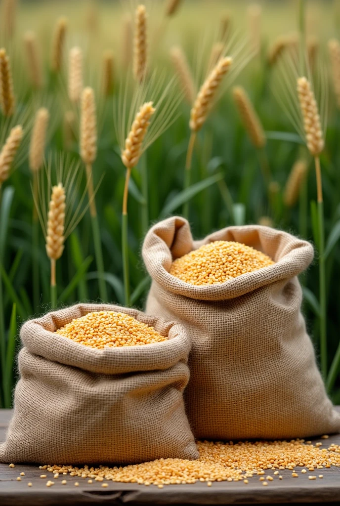Wheat in sacks with wheat plant background on a table
Horizontal