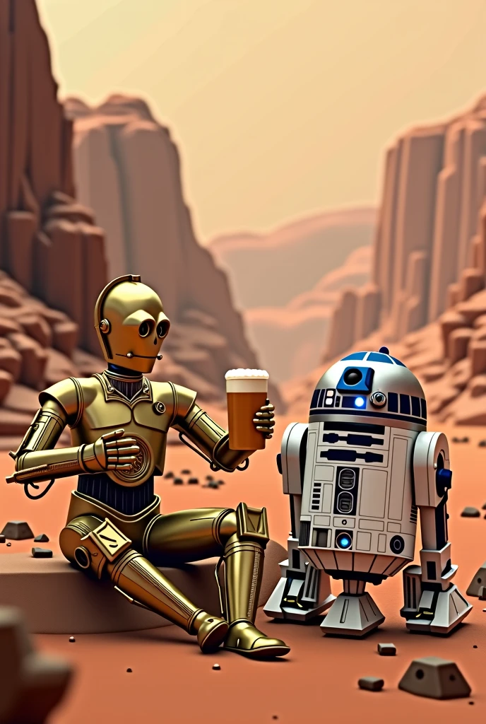 Make a picture of c3poy r2d2 drinking beer on mars