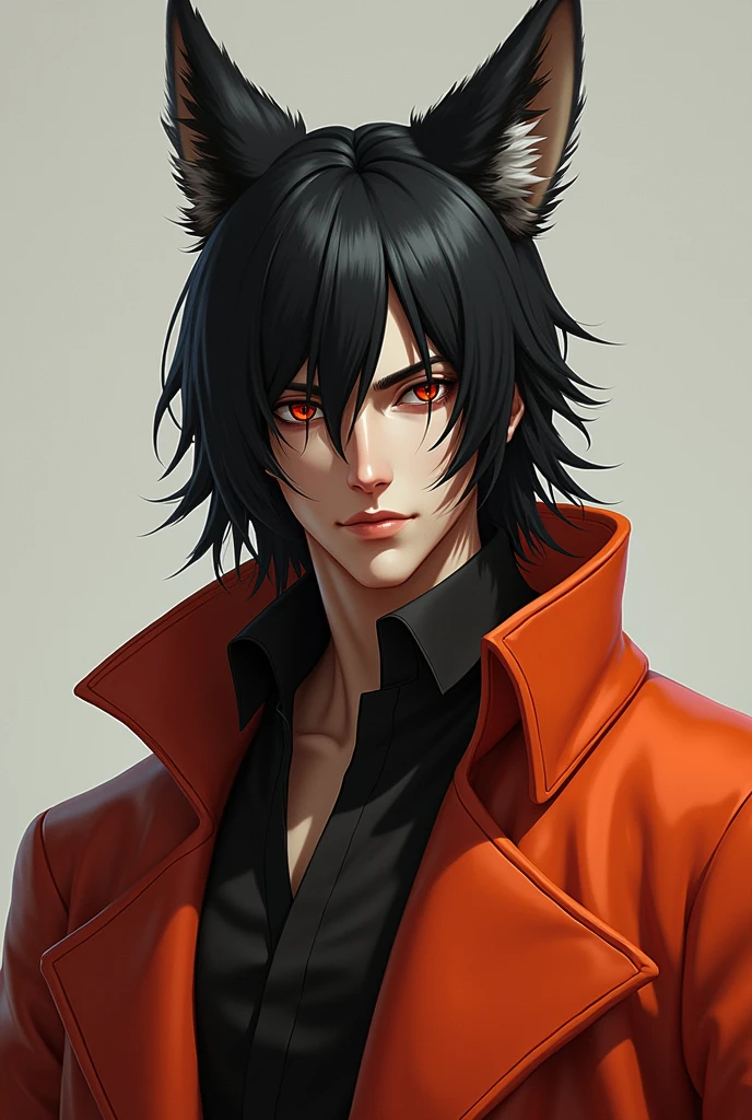 Create an image of a rogue man (inspired by Ban, from Seven deadly sins) that is half human, half fox, whose garments must be reddish/orange (like the color of a fox), with red brown eyes, straight black hair, tall and slim. The character must be a male character. The face must be that of a man with a cunning look, with traces of the fox only on its ears