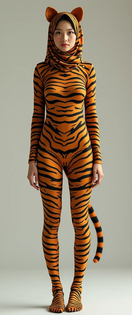 The most beautiful,thin,most pretty and clever Asian muslimah adult girl wears tiger lycra turtleneck unitard catsuit covered with stripes with a tail.She always wear tiger lycra dancewear stretchy hijab covered with stripes with a pair of ears.