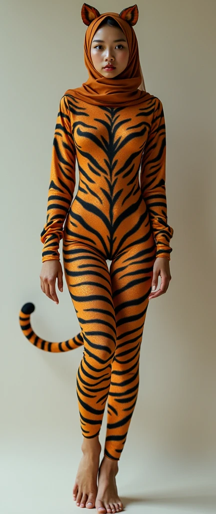 The most beautiful,thin,most pretty and clever Asian muslimah adult girl wears tiger lycra turtleneck unitard catsuit covered with stripes with a tail.She always wear tiger lycra dancewear stretchy hijab covered with stripes with a pair of ears.