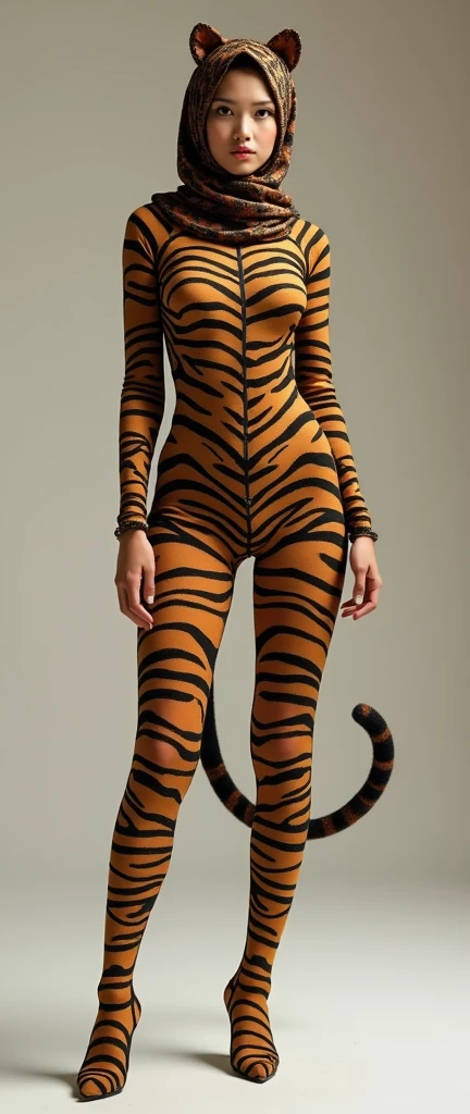 The most beautiful,thin,most pretty and clever Asian muslimah adult girl wears tiger lycra turtleneck unitard catsuit covered with stripes with a tail.She always wear tiger lycra dancewear stretchy hijab covered with stripes with a pair of ears.