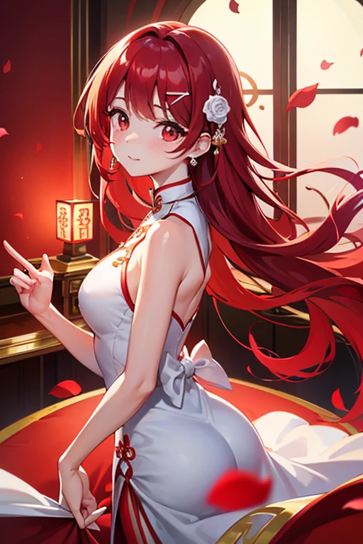 (work of art), best qualityer, Kizi, wavy red hair, a beautiful white chinese style dress, Chinese elegant dress, Exquisite details, beautiful and elegant cheongsam, colorful and bright, floating dress, rose petals, sunlight on the skin, glorious, hair clips, looking ahead at viewer 