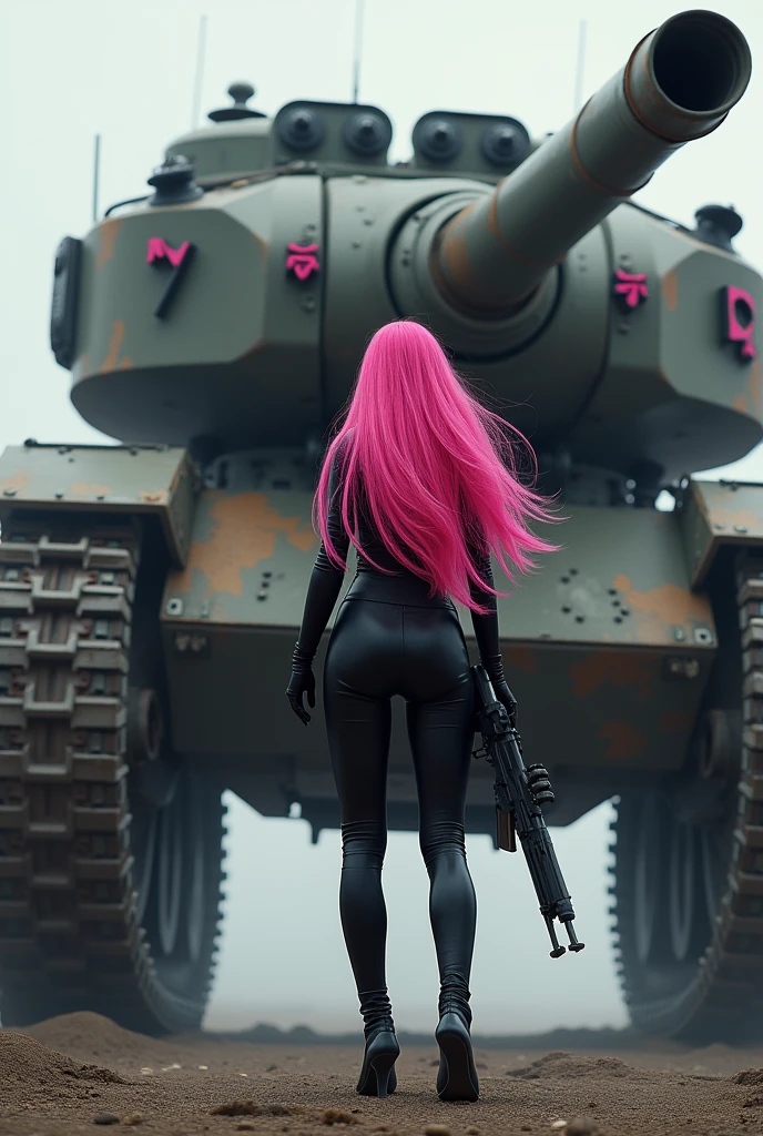 A woman with exuberant beauty, with long, flowing pink hair, she's standing, holding a rifle and looking and admiring a war tank with tracked wheels and some pink details. The woman is wearing a long, tight-fitting black jumpsuit