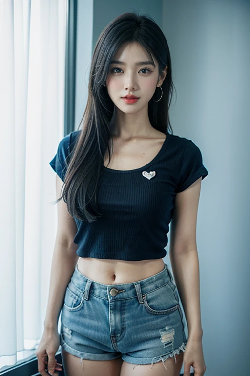 
สาวเกาหลีสุดสวยwatchเหมือนภาพวาด 4 มิติ,(watch), I parted ways directly., My hair is great., Ideal , Blue cropped t-shirt with printed message., shorts, stand (window background), bright colors, studio lights, gentle fire, The light is dim., 3D animation looking at the audience, chest, Blue Hair, 