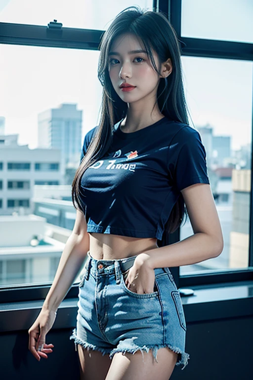 
สาวเกาหลีสุดสวยwatchเหมือนภาพวาด 4 มิติ,(watch), I parted ways directly., My hair is great., Ideal , Blue cropped t-shirt with printed message., shorts, stand (window background), bright colors, studio lights, gentle fire, The light is dim., 3D animation looking at the audience, chest, Blue Hair, 