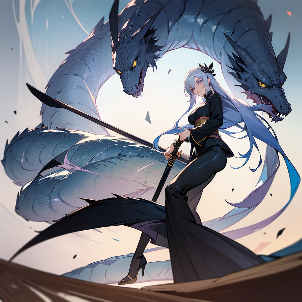 tall woman, Black blue kimono suit with a high collar that has an eye and swirl symbol, loose pants , blue eyes, White hair, long white eyelashes, turtle neck(( 12cm heels)) tall black, Curvy body, dark round cravings, Long hair, ((naginata weapon)) Japanese anime style drawing, Whole body,long loose hair, tLong hair, fringe, very long hair, ((big dragon in the background ))