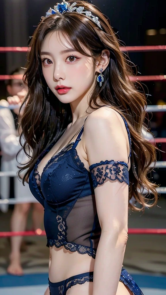 ((masterpiece: 1.4, best quality))+,(ultra detail)+, official art, unity 8k wallpaper, ultra detail, beautiful, high quality, Highlight your cute face,  masterpiece, best quality, (k-idol+pretty girl+Professional wrestler:1.5), (sapphire lace lingerie:1.45), (Layered medium length hair with waves, brown eyes, brown hair), vivid colors, (colorful earrings, Jewelry Tiara :1.1)