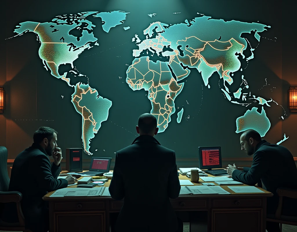 A detailed and atmospheric image illustrating the Rothschilds’ enigmatic influence. The scene features a large, antique desk cluttered with financial documents, ledgers, and stock market tickers. Some documents have redacted text, symbolizing secrecy. In the background, shadowy figures representing the Rothschilds are depicted as overseeing a vast, darkened map of the world with interconnected lines and symbols indicating global financial transactions. The lighting is dramatic and moody, with spotlights highlighting certain elements like the documents and stock market screens. The atmosphere conveys a sense of hidden power and global influence, with a focus on the enigmatic and often misunderstood nature of their role
