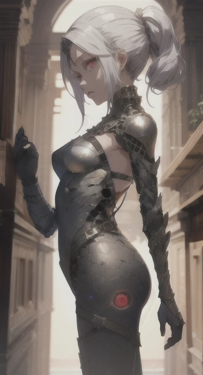 The first, android Kalindria , silver hair, red eyes, looking at viewer, ancien armor, 