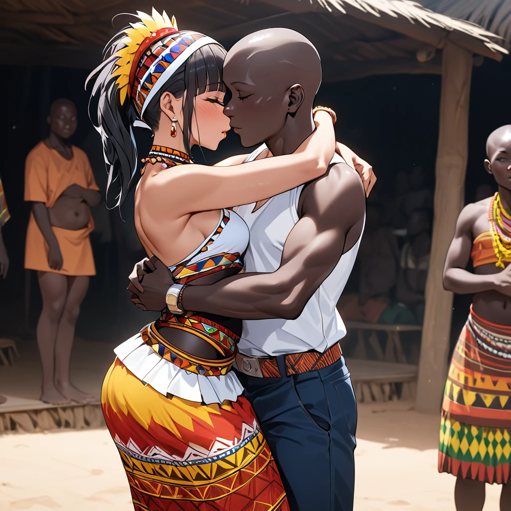 ((Highest quality)), ((masterpiece)), (detailed), (Perfect Face)、The woman is a skinhead named Aoki Reika, a Ghanaian with black skin and a skinhead, from the indigenous people of Ghana, Africa.、The woman was given a skinhead and dressed in a tribal dance costume from the indigenous people of Ghana, Africa.、A woman is hugging and kissing a man