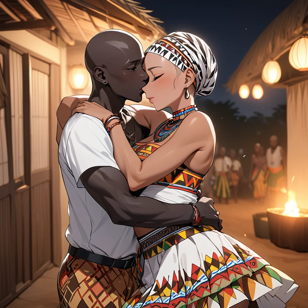 ((Highest quality)), ((masterpiece)), (detailed), （Perfect Face）、The woman is a Ghanaian born Tsukino Usagi with a vivid dark skin, black by birth, and is wearing a colorful Ghanaian dress from a Ghanaian village, a colorful turban head scarf, gorgeous jeweled accessories, and an engagement ring.、The woman is the elegant Tsukino Usagi, with her short black afro hair tied up in a Ghana braid, wearing a colorful Ghanaian dress and a colorful turban head scarf, with vibrant dark brown skin, a natural-born black person, and a natural-born Ghanaian, Tsukino Usagi.、（The woman is a black Ghanaian with vivid dark brown skin.）、A woman and a man are getting married in a village in Ghana, embracing each other and kissing each other in a vow ceremony.、The man is a dignified, bearded, elderly Ghanaian man in Ghanaian national dress, a village elder.、A woman marries an elder man and becomes his third wife.
