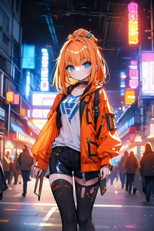 Girl with orange hair, Blue Cyberpunk Outfit, In the colorful grassland, At night