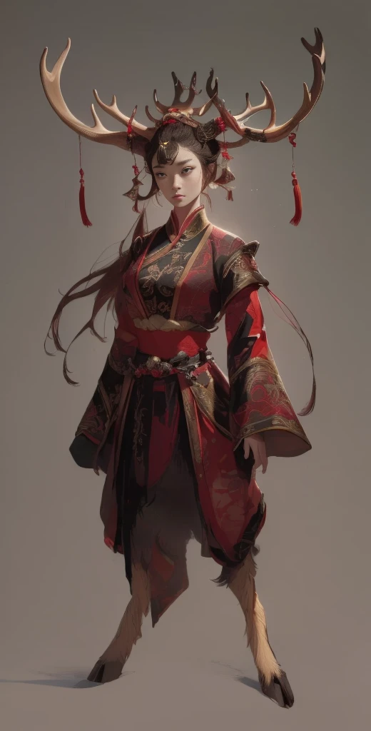 a woman in a red and black outfit with elk antlers on her head, beautiful character painting, by Yang J, epic exquisite character art, feng zhu concept art, stunning character art, by Lin Liang, amazing 8k character concept art, by Qu Leilei, palace, a girl in hanfu, by Feng Zhu, inspired by Feng Zhu, by Li Song, (masterpiece), best quality, expressive eyes, perfect face, xiuxian, chinagen, FantasyCore, Animal ear, (chinese woman with elk antlers and elk legs in a traditional chinese clothing), masterpiece, best quality, expressive eyes, perfect face, full body, dnd character design, female, girl, dnd, great quality, amazing detail, realistic, feminine, eyelashes, fluffy deer ears, eyeliner, niji, beautiful, detailed highest, detailed texture, deer ears, deer hooves, deer feet, deer tail, hoof, Detailed Fur, 3d Render, Photorealistic, pretty, deer, hooves, eastern clothing, 1girl, furry female, antlers, elk antlers, high contrast, long sleeves, wine purple, brown and red clothes color, jewelry, deer legs, shoulder armor, ancient chinese hairstyle, Cervid, Deerfolk race, d&d, archeology professor, ribbons, fantasy race, faun, shoulder pads, hanfu, chinese clothes, hair ornament, hair bun, hairbun, smart, professor, teacher, chinese scholar, chineses hair crown, hair up, body fur, ancient, oriental, eastern, ancient chinese female hairstyle, older, lady, gray background, respected, glasses, monical, animal ears,