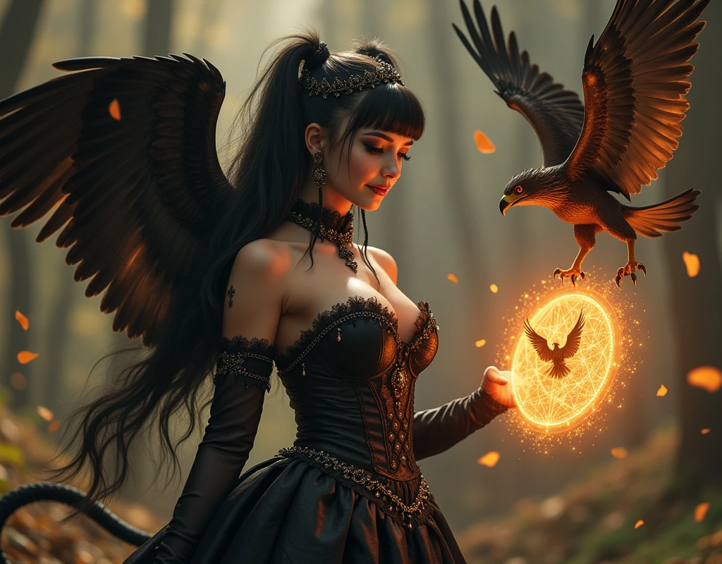 A beautiful young witch in a revealing and sensual Gothic ta Fashion, super huge breasts, with long black twin tails, beautiful eyes, confident smile, girl remains in human form.
summoning a small and cute Griffon from a shining magical circle, Several small griffons appear and fly around the girl,
((Griffon have four legs))
((A Griffon is a four-legged chimera monster with the head and wings of an eagle, the clawed feet of an eagle on its front legs, and the body, hind legs, and tail of a lion.))
intricate fantasy landscape, realistic, cinematic lighting, dramatic colors, highly detailed, cinematic composition, digital art, concept art, fantasy art, Realistic, (Raw Photo), (ultra-detail: 1.2), (high resolution: 1.3), masterpiece, 8k, photo-realistic, hyper detailed,