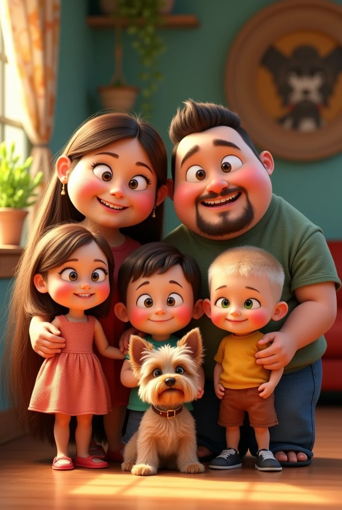 Generate pixar style image, from a family with a chubby mom, Brown eyes, Brown hair. A chubby dad with a bigger head, Voluminous eyebrows and very short hair. A slim daughter, Brown hair claro largo. A boy with green eyes and very short hair, of you clear. A Yorkshire terrier dog.