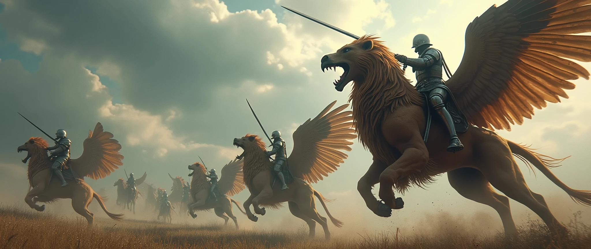 Lots of gryphons\(lion body, eagle wings and head, long ear, different poses\) flying in the sky and all the gryphons are ridden by heavily armed knights with long swords, thundercloud skies, dynamic images, stunning nature, Pulitzer Prize-winning photos, screenshot of action movie