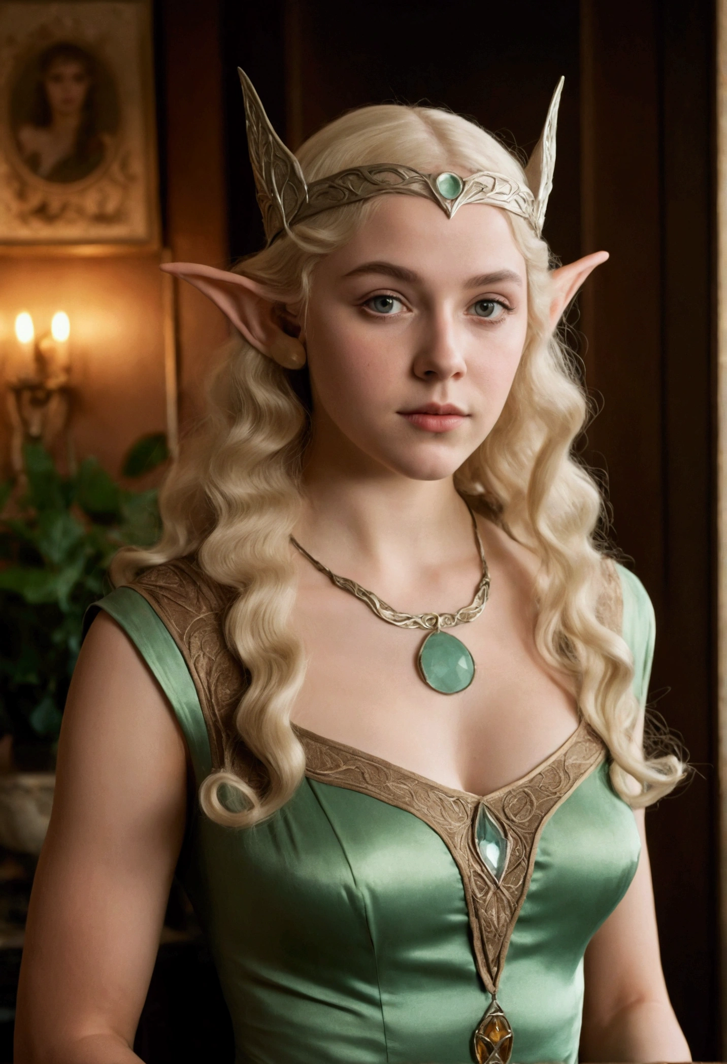 1920s analog film photograph, colorized photo of an elven maiden, 18-years-old, amazonian stature, thick-fit hourglass figure, busty bosom, toned, athletic, wearing a sleeveless dress, warm almond complexion, pointy elf ears, platinum blonde hair, wild voluminous curls, resembles Margaery Tyrell, standing in a manor drawing room, RAW Photograph, dslr, soft lighting, high quality, film grain, Fujifilm XT3, detailed skin with visible pores, insane details, masterpiece, 8k, 35mm photograph, faded film, desaturated, grainy, vintage, Lomography, stained, highly detailed, found footage, long elven ears
