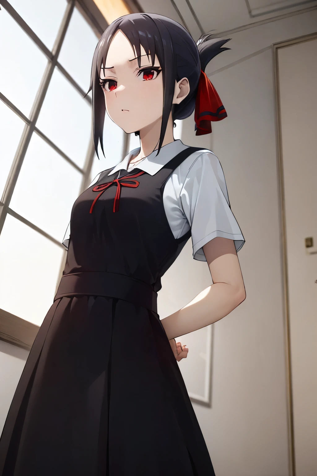 kaguyashinomiya, kaguya shinomiya, folded ponytail, forehead, hair ribbon, (red eyes:1.5), red ribbon, ribbon, short hair, sidelocks, (small breast:1.2), black dress, dress, pinafore dress, school uniform, shirt, short sleeves, shuuchiin academy school uniform, white shirt,
 looking at viewer,
 indoors, classroom,
 (masterpiece:1.2), best quality, high resolution, unity 8k wallpaper, (illustration:0.8), (beautiful detailed eyes:1.6), extremely detailed face, perfect lighting, extremely detailed CG, (perfect hands, perfect anatomy),focus on hips,looking forward,((focus on hips:1.3)),point of view:(from below), anatomy perfect,hands perfect