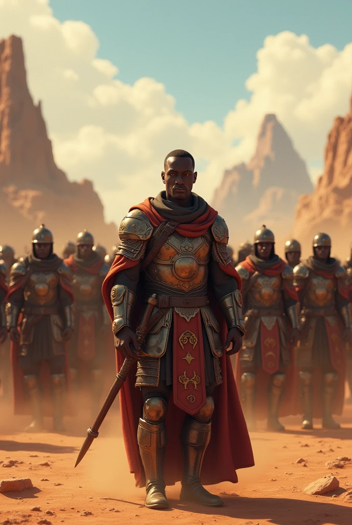 A tense scene on a battlefield, with a group of black soldiers in ancient armor, looking fearful and hesitant. They are in a desert-like area, with dust and tension in the air. The background is a vast open space with mountains far in the distance. The soldiers' expressions convey fear, and the overall style is in 3D Pixar/Disney animation."