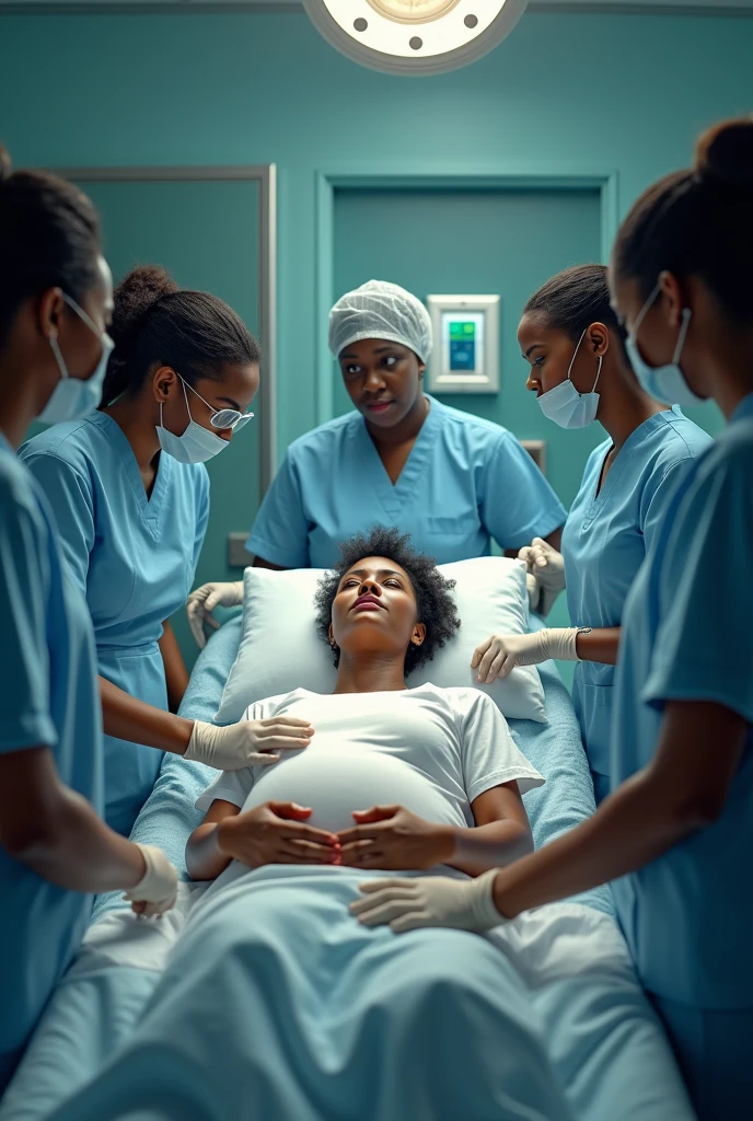 Generate image of African Igbo maternity hospital with pregnant woman named chioma in the threate room delivering a surrendered igbo nurses and a nurse carrying the baby leaving the threatre room looking suspicious