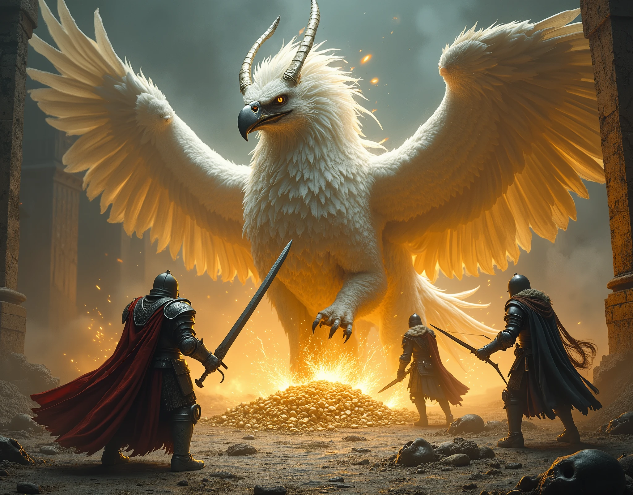 1gryphon\(white, eagle wings and head ,lion body, very bloody, scars , angry, attacking the team in very dynamic pose,very violent\) is guarding his beautiful golden treasures behind him in a beautiful chalk ruin, 1team\(a strong knight in full plate armor holding a sword, a beautiful elf archer , a beautiful wizard lady holding magic wand\) are against the gryphon in fighting stance, the gryphon is attacking the team with thunderstorm, old corpses slaughtered by the gryphon is in front Three-dimensionally, very powerful and realistic game screen shots, massive illustration, wonderful artwork of famous wonderful painter, baroque paintings,dynamic camera angle, concentration line,A very massive painting, camera from above,screenshot of action movie