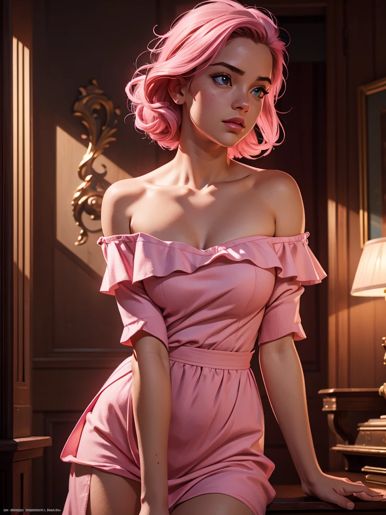 Best quality, masterpiece, ultra high resolution, (Realism: 1.4), Original photo, 1 girl, Pink off shoulder, cinematic lighting