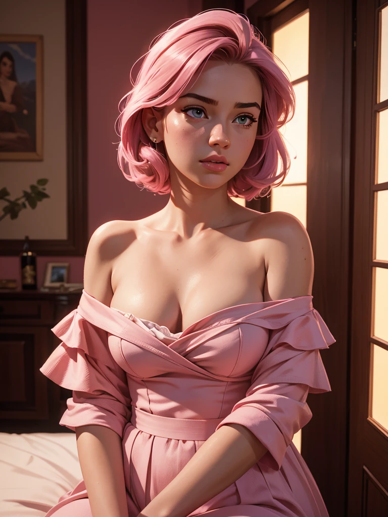 Best quality, masterpiece, ultra high resolution, (Realism: 1.4), Original photo, 1 girl, Pink off shoulder, cinematic lighting