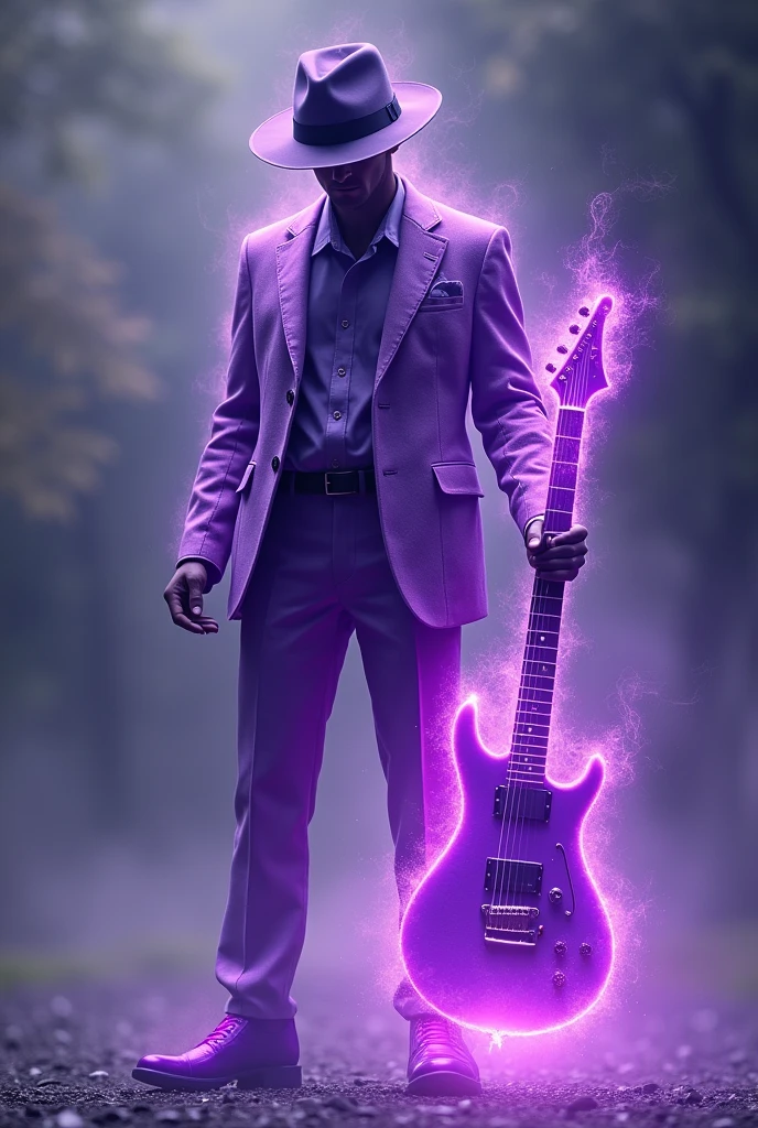 full body image of a mysterious man with a purple suit that is diluting and varying in energy and a fedora hat so that you can&#39;t see his face emanating energy in a dreamlike way with a purple guitar that emanates purple energy
