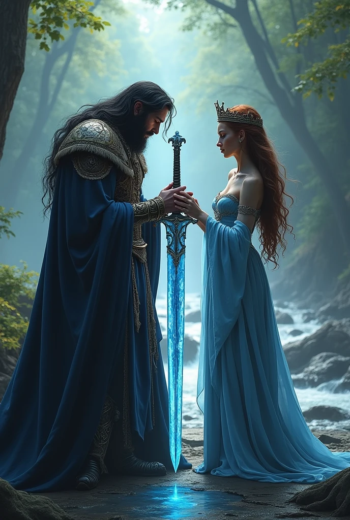 A barbarian king kneeling before his queen, with a crystal blue ice sword in his hands. He has long black hair, approximately 2. the Queen, standing, observes the king with tenderness and admiration. She is dressed in an elegant robe that shines in the light., while carefully placing a crown on the king's head as a sign of respect and love. the Queen tem cabelos castanhos e feições gentis e delicadas. The scenery is majestic, with a wild and open forest , with a stream running further in the background