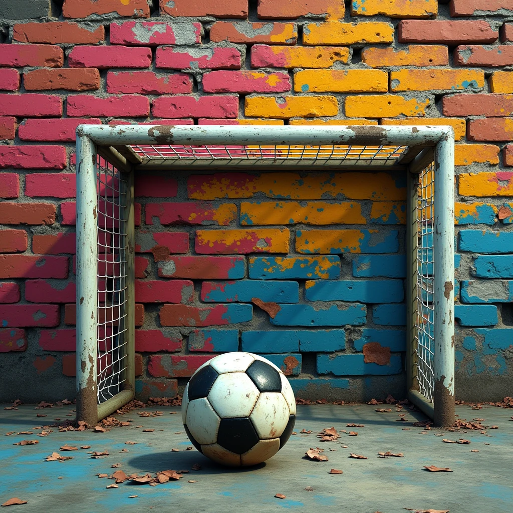 brick wall with painted goal and soccer ball