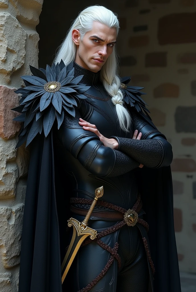 Create a powerful and beautiful prince of hell with lilac eyes and long white hair with some braids, Put on him elegant dark armor and leaf-shaped shoulder pads that fall over his arms and a black cape and a golden sword on his hip. That he is leaning against a wall, crossing his arms and has a captivating smile.. make it realistic