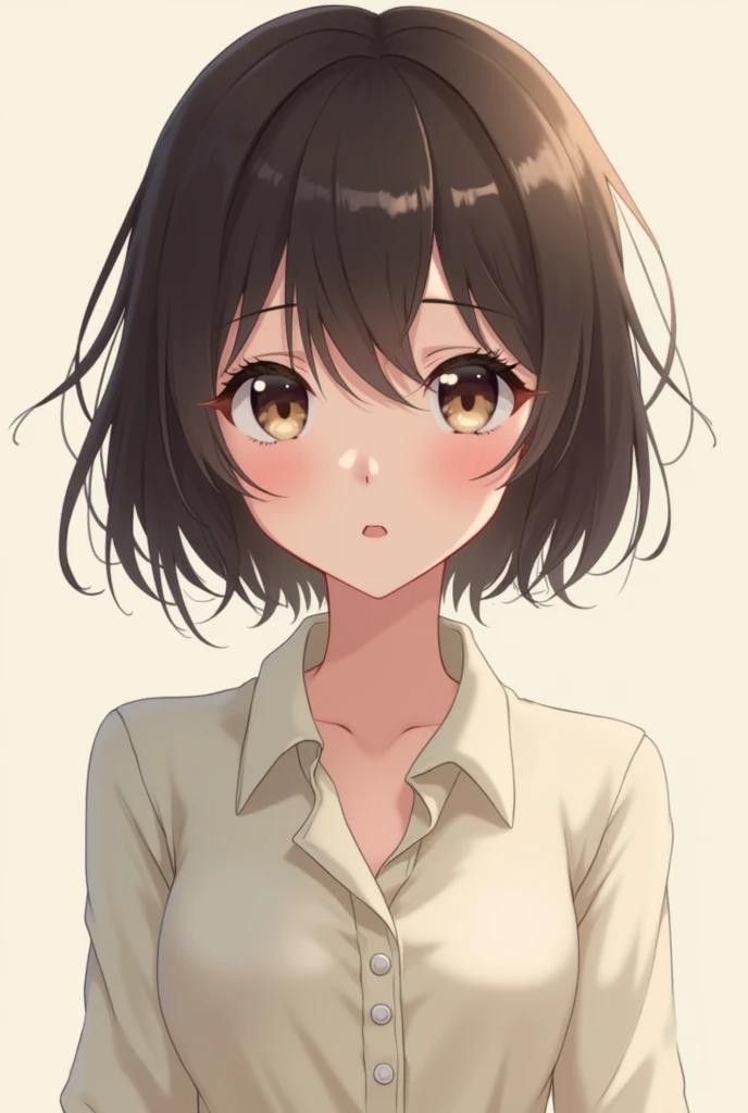 Create an anime girl with short dark brown hair and a slim build