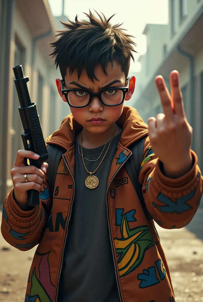 A aggressive boy wearing glasses And rap style dress Holding Gun and middle finger up