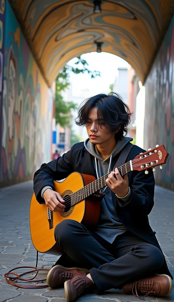 En la banqueta de un túnel se encuentra un Asian guy 2, black neat messy hair, playing guitar in a city, tourist fence, Receive coins. TAGS: handsome guy, playing the guitar, citys, tourists, Receive coins, music, Street artist, lively atmosphere, Ruas movimentadas, swirly vibrant colors, street art, cultural experience
