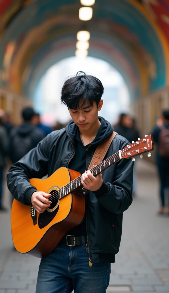 En la banqueta de un túnel se encuentra un Asian guy 2, black neat messy hair, playing guitar in a city, tourist fence, Receive coins. TAGS: handsome guy, playing the guitar, citys, tourists, Receive coins, music, Street artist, lively atmosphere, Ruas movimentadas, swirly vibrant colors, street art, cultural experience
