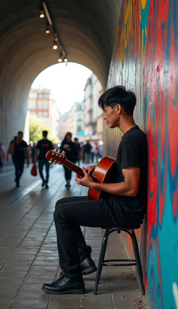 En la banqueta de un túnel se encuentra un Asian guy 2, black neat messy hair, playing guitar in a city, tourist fence, Receive coins. TAGS: handsome guy, playing the guitar, citys, tourists, Receive coins, music, Street artist, lively atmosphere, Ruas movimentadas, swirly vibrant colors, street art, cultural experience